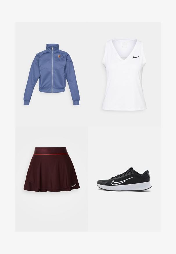 Chaqueta azul con cremallera y collar alto, presenta un diseño geométrico y un pequeño logo en el lado izquierdo del pecho. Está hecha de una tela suave.; Top atlético sin mangas de color blanco con escote en V, detalle recortado y logo de Nike en negro en el lado izquierdo del pecho. Está confeccionado con una tela transpirable.; Falda atlética color marrón con diseño acampanado, tejido texturizado y una cinturilla brillante con una franja de acento roja. Logo de Nike exhibido en el dobladillo.; Zapatilla deportiva de malla negra con acentos blancos, diseñada para la comodidad. Presenta una puntera redonda, cierre de cordones en la parte delantera y una suela media gruesa blanca.