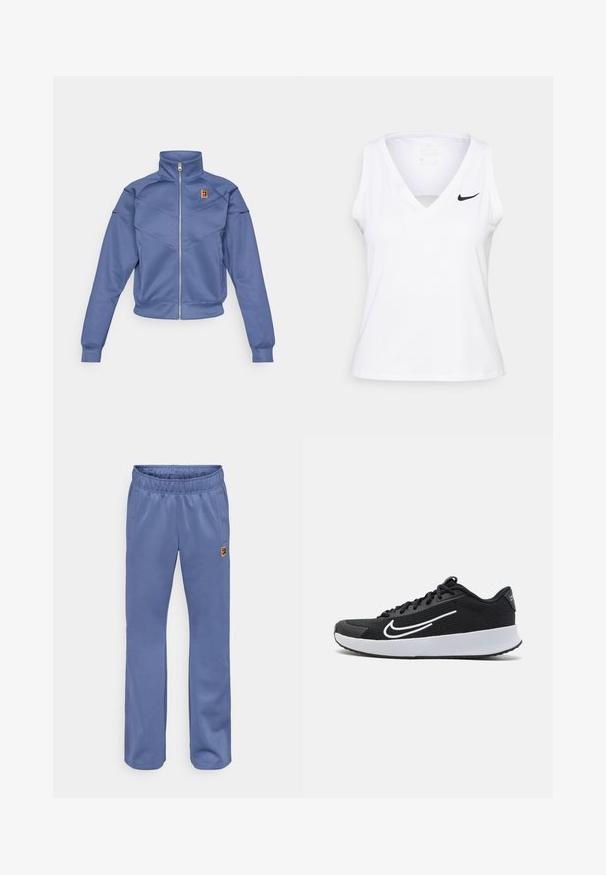 Blauwe zip-up jas met een hoge kraag, met een geometrisch ontwerp en een klein logo op de linkerborst. Gemaakt van een gladde stof.; Witte mouwloze sporttop met een V-hals, uitgesneden detail en zwart Nike-logo op de linkerborst. Gemaakt van ademend materiaal.; Blauwe sweatpants met een elastische tailleband, zijzakken en een klein, meerkleurig logo-inking bij de linkerzak. Zachte stoftextuur.; Zwarte mesh sportieve schoen met witte accenten, ontworpen voor comfort. Heeft een ronde neus, vetersluiting aan de voorkant en een dikke witte tussenzool.