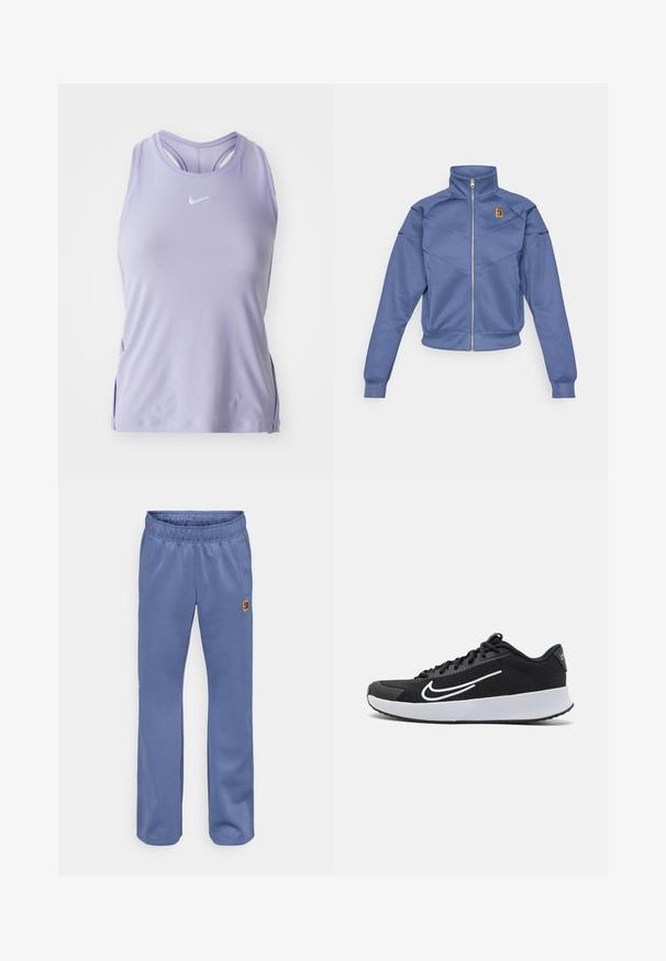 Blauwe zip-up jas met een hoge kraag, met een geometrisch ontwerp en een klein logo op de linkerborst. Gemaakt van een gladde stof.; Lichtpaarse sporttanktop met een ronde hals en een racerback ontwerp. Bevat een klein wit logo op de borst en zijsplitten. Soepele textuur.; Blauwe sweatpants met een elastische tailleband, zijzakken en een klein, meerkleurig logo-inking bij de linkerzak. Zachte stoftextuur.; Zwarte mesh sportieve schoen met witte accenten, ontworpen voor comfort. Heeft een ronde neus, vetersluiting aan de voorkant en een dikke witte tussenzool.