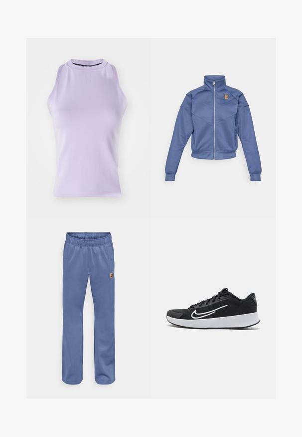 Blue zip-up jacket with a high collar, featuring a geometric design and a small logo on the left chest. Made from smooth fabric.; Lilac sleeveless tank top with a high neckline, ribbed texture, and a subtle logo. Smooth fabric, fitted shape, and no embellishments.; Blue sweatpants with an elastic waistband, side pockets, and a small, multicolored logo patch near the left pocket. Soft fabric texture.; Black mesh athletic shoe with white accents, designed for comfort. Features a round toe, lace-up front, and a thick white midsole.