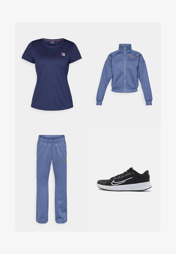 Chaqueta azul con cremallera y collar alto, presenta un diseño geométrico y un pequeño logo en el lado izquierdo del pecho. Está hecha de una tela suave.; Camiseta de manga corta de color azul marino, hecha de tejido suave, con un pequeño logo de Fila en el lado izquierdo del pecho. Cuello redondo y ajuste clásico.; Pantalones deportivos azules con cintura elástica, bolsillos laterales y un pequeño parche de logo multicolor cerca del bolsillo izquierdo. Textura de tela suave.; Zapatilla deportiva de malla negra con acentos blancos, diseñada para la comodidad. Presenta una puntera redonda, cierre de cordones en la parte delantera y una suela media gruesa blanca.