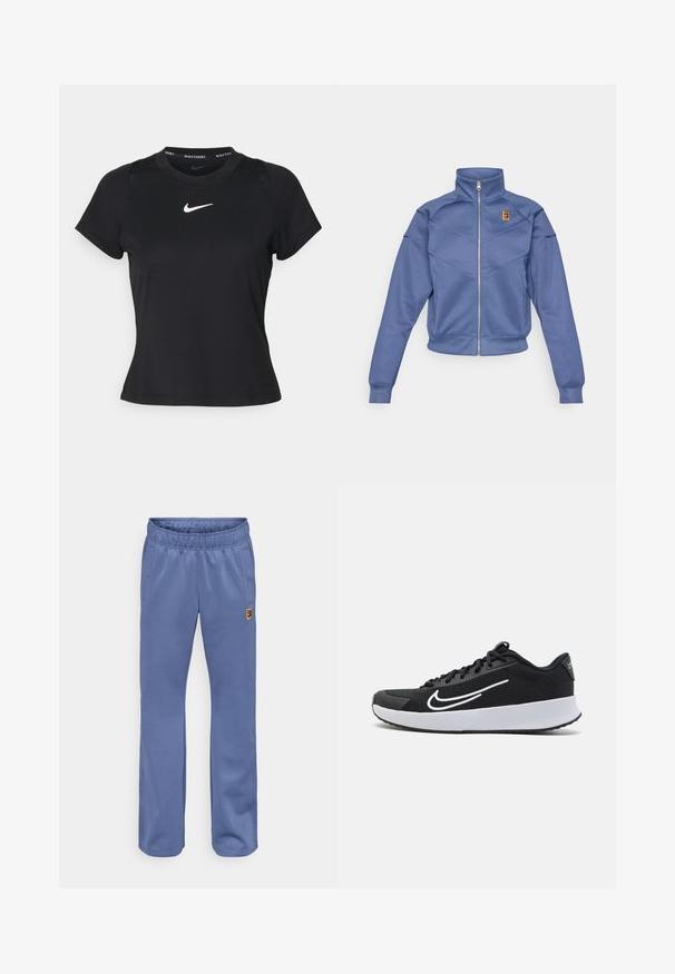 Chaqueta azul con cremallera y collar alto, presenta un diseño geométrico y un pequeño logo en el lado izquierdo del pecho. Está hecha de una tela suave.; Camiseta negra de manga corta hecha de tejido transpirable, con un cuello redondo y un logo de Nike blanco en el pecho, y un detalle de malla en los hombros.; Pantalones deportivos azules con cintura elástica, bolsillos laterales y un pequeño parche de logo multicolor cerca del bolsillo izquierdo. Textura de tela suave.; Zapatilla deportiva de malla negra con acentos blancos, diseñada para la comodidad. Presenta una puntera redonda, cierre de cordones en la parte delantera y una suela media gruesa blanca.