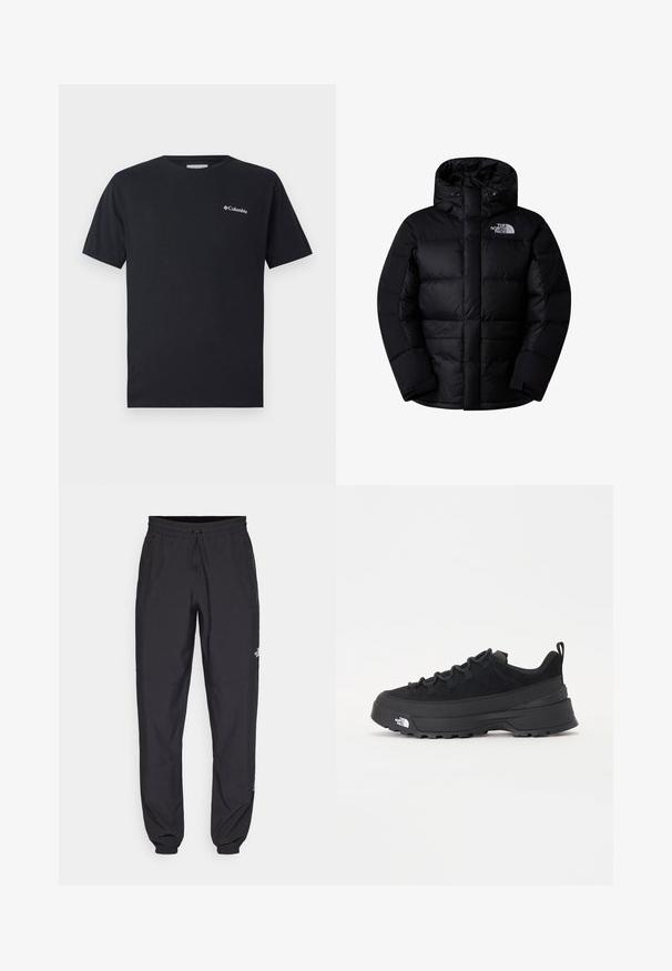 Čierna puffa bunda s vysokým golierom, kapucňou a predným zipsom. Obsahuje prešívané časti a biely logo na ľavej hrudi. Mäkká textúra.; Čierne tričko s krátkym rukávom vyrobené z bavlny, s malým bielym logom Columbia na ľavej hrudi. Klasický okrúhly výstrih a voľný strih.; Čierne športové nohavice vyrobené z ľahkej tkaniny, s elastickým pásom na šnurovanie, bočnými vreckami a zúženými manžetami na členkoch.; Čierne vonkajšie tenisky so zvrškom z semišu, štruktúrovanou gumovou podrážkou a pevným šnurovaním. Obsahujú vystužený opätok a logo značky na boku.