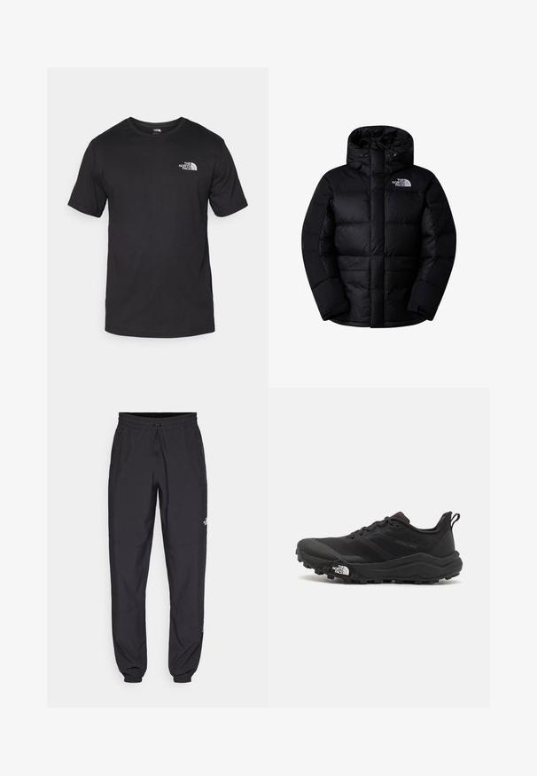 Juoda pūkinė striukė su aukštu apykakle, gobtuvu ir priekyje užtrauktuku. Yra siuvinėti skyriai ir baltas logotipas kairėje krūtinėje. Minkšta tekstūra.; Juodas trumpas rankovės marškinėliai, pagaminti iš medvilnės, su apvaliu kaklu ir mažu baltu logotipu viršutiniame kairiajame krūtinės kampe.; Juodos sportinės kelnės, pagamintos iš lengvos medžiagos, su raišteliu liemens srityje, šoniniais kišenėmis ir siaurėjantys apykaklės prie kulkšnies.; Juoda bėgimo batai su tekstūruotu paviršiumi, guma padais ir sustiprinta pirštų dalimi. Yra paminkštinta apykaklė ir kilpos, leidžiančios lengvai užsidėti.