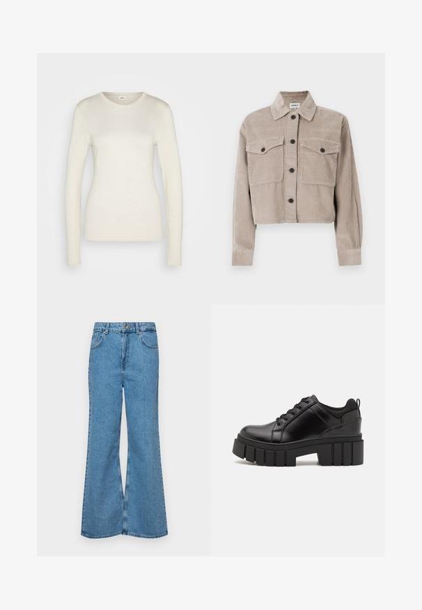 Trumpetausios švarkas šviesiai kreminės spalvos, su smailiu apykakle, dviem krūtinės kišenėmis ir juodais mygtukais. Minkšta tekstūra su raukšlėta raštu.; Ilga rankovė kreminės spalvos palaidinė, pagaminta iš švelnaus medvilnės, su apvaliu kaklu, prigludusia siluetu ir siuvinėtu apvadu bei rankogaliais.; Šviesiai mėlynos flared džinsai, pagaminti iš džinsinio audinio, su aukštu liemeniu, penkiomis kišenėmis ir vienu mygtuko užsegimu. Minkštas paviršius su išblukusiu efektu.; Juodi odiniai platformos batai su masyviu blokuota kulniuku, apvalia nosimi ir tradiciniu šnypštimo dizainu. Turintys glotnų paviršių ir minimalų dekoravimą.