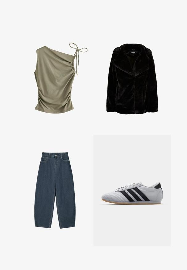 Schwarze Kunstpelzjacke mit breitem Revers, langen Ärmeln und lässiger Passform. Die glatte Textur und die klaren Linien sorgen für eine moderne Silhouette.; Next SOFT TOUCH RUCHED SLEEVELESS - Top - olive green; Dunkelblaue Denim-Hosenträger mit weitem Bein und hoher Taille, ausgestattet mit fünf Taschen und sichtbaren Nähdetails. Sauberes, minimalistisches Design.; Graue Sportschuhe mit einer glatten Lederoberfläche, ausgestattet mit drei schwarzen Streifen, einer abgerundeten Zehenpartie und einer Sohle aus Gummi.