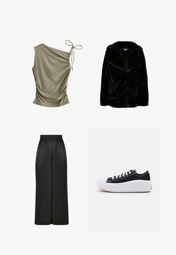 Czarna kurtka z sztucznego futra z szerokim kołnierzem, długimi rękawami i luźnym krojem. Gładka tekstura i wyraźne linie tworzą nowoczesną sylwetkę.; Next - Top; Czarne spodnie z szerokimi nogawkami, wykonane z gładkiego, błyszczącego materiału, z elastycznym pasem i bez widocznych kieszeni ani elementów metalowych.; Czarne płócienne tenisówki z białymi sznurowadłami, białą gumową czapeczką na palcach i masywną białą podeszwą. Mają subtelne białe przeszycia i gumową podeszwę.