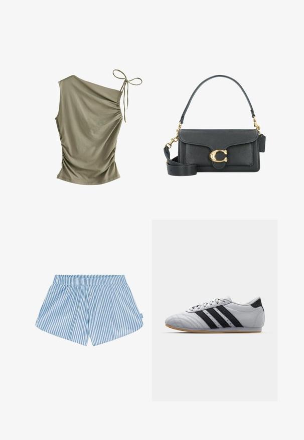 Melnā mākslīgā kažokādas jaka ar plašu atlokam, garām piedurknēm un brīvu piegriezumu. Gluda tekstūra un tīras līnijas rada moderno siluetu.; Next SOFT TOUCH RUCHED SLEEVELESS - Tops - olive green; Zilā un baltā svītrainā bikses ar elastīgu jostu, divi pogas priekšā un brīvkustības piegriezums. Audums šķiet gluds ar vieglu tekstūru.; Pelēki sporta apavi ar gludu ādas apdari, ar trim melnām svītrām, noapaļotu pirkstu un gumijas zoli.; Melnas ādas rokassomas ar zelta aksesuāriem, kas ietver paraksta sprādzi, noņemamu plecu siksnu un teksturētu virsmu.
