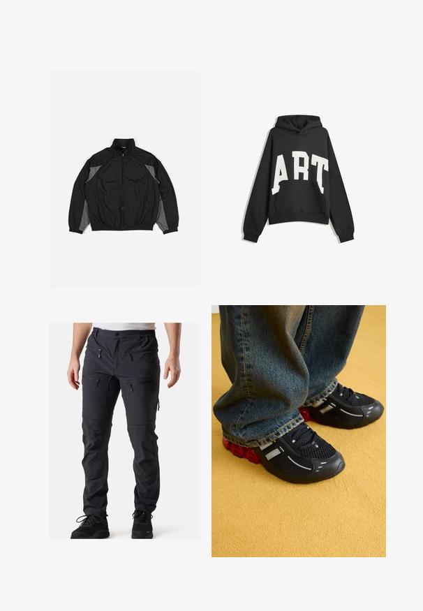 Svart vindjacka med grå detaljer, med dragkedja framtill, elastisk midja och en texturerad panel med ett rutmönster på framsidan.; Svart hoodie med vit text "ART". Har en framficka, långa ärmar och huva. Tillverkad av mjukt tyg med en avslappnad passform.; Svarta utomhusbyxor gjorda av lätt, vattenavvisande tyg. Har flera fickor med dragkedja och justerbart midjeband.; Svarta sportskor med ovandel i mesh, glänsande detaljer och röd dämpning i sulan, ihopparade med blå denimjeans.