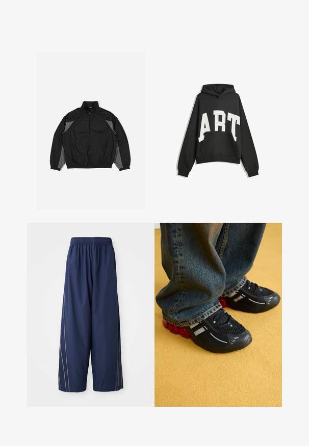 Czarna kurtka przeciwwiatrowa z szarymi akcentami, z zamkiem z przodu, elastycznym pasem i teksturowaną wstawką w kratkę na przodzie.; Czarna bluza z kapturem z białym napisem "ART". Posiada kieszeń na przodzie, długie rękawy i kaptur. Wykonana z miękkiego materiału o luźnym kroju.; Granatowe, luźne spodnie z elastycznym paskiem w talii i bocznymi paskami w jaśniejszym odcieniu. Wykonane z gładkiego, lekkiego materiału.; Czarne buty sportowe z siateczkową cholewką, błyszczącymi akcentami i czerwonym amortyzatorem w podeszwie, w połączeniu z niebieskimi dżinsami.