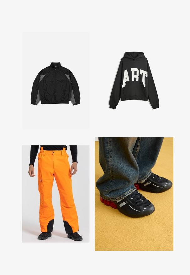 Zwarte windbreaker jas met grijze accenten, voorzien van een rits aan de voorkant, elastische taille en een textuurpaneel met een rasterpatroon aan de voorkant.; Zwarte hoodie met witte tekst "ART". Beschikt over een voorzak, lange mouwen en een capuchon. Gemaakt van zachte stof met een losse pasvorm.; Oranje waterdichte broek met verstelbare bretels, cargozakken en zwarte accenten bij de broekspijpen. Geschikt voor buitenactiviteiten in koud weer.; Zwarte sport schoenen met een mesh bovenkant, glanzende accenten en rode demping bij de zool, gecombineerd met blauwe spijkerbroeken.