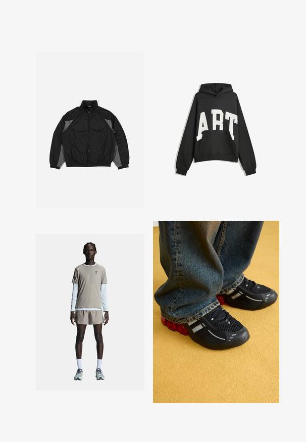 Crni vjetrovka s sivim detaljima, s patentnim zatvaračem sprijeda, elastičnim strukom i teksturiranim panelom s uzorkom mreže sprijeda.; Crna dukserica s bijelim natpisom "ART". Ima prednju džepu, duge rukave i kapuljaču. Izrađena je od mekanog materijala s opuštenim krojem.; On PERFORMANCE - Kratke hlače - cinder; Crne atletske cipele s mrežastim gornjim dijelom, sjajnim detaljima i crvenim jastučićima na potplatu, u kombinaciji s plavim trapericama.
