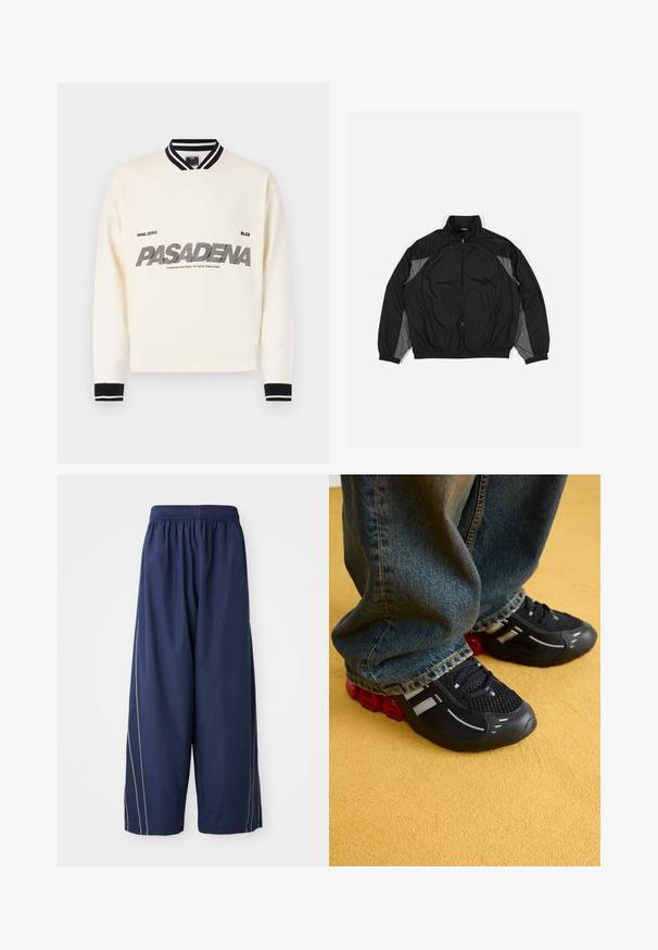 Svart vindjacka med grå detaljer, med dragkedja framtill, elastisk midja och en texturerad panel med ett rutmönster på framsidan.; Vit sweatshirt med svarta detaljer, med en ribbad krage och ärmslut. Framsidan visar "PASADENA" i fet, stiliserad text.; Mörkblå, lediga byxor med elastiskt midjeband och sidostrecker i en ljusare nyans. Tillverkade av ett mjukt, lätt material.; Svarta sportskor med ovandel i mesh, glänsande detaljer och röd dämpning i sulan, ihopparade med blå denimjeans.