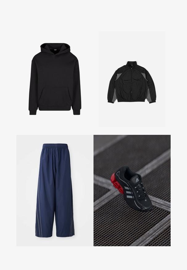 Fekete szélálló dzseki szürke részletekkel, cipzáros elülső résszel, rugalmas derékkal és rácsos mintás texturált panellel az elején.; Fekete kapucnis pulóver, puha anyagból készült, elöl zsebbel, húzózsinórral ellátott kapucnival és bordázott mandzsettával és aljjal a szoros illeszkedés érdekében.; Sötétkék, lazán illeszkedő nadrág, elasztikus derékrésszel és világosabb árnyalatú oldalsó csíkokkal. Simább, könnyű anyagból készült.; Fekete atlétikai cipő piros díszítésekkel, hálós anyagból készült, texturált felülettel, három fehér csíkkal és jellegzetes párnázott talpkialakítással.