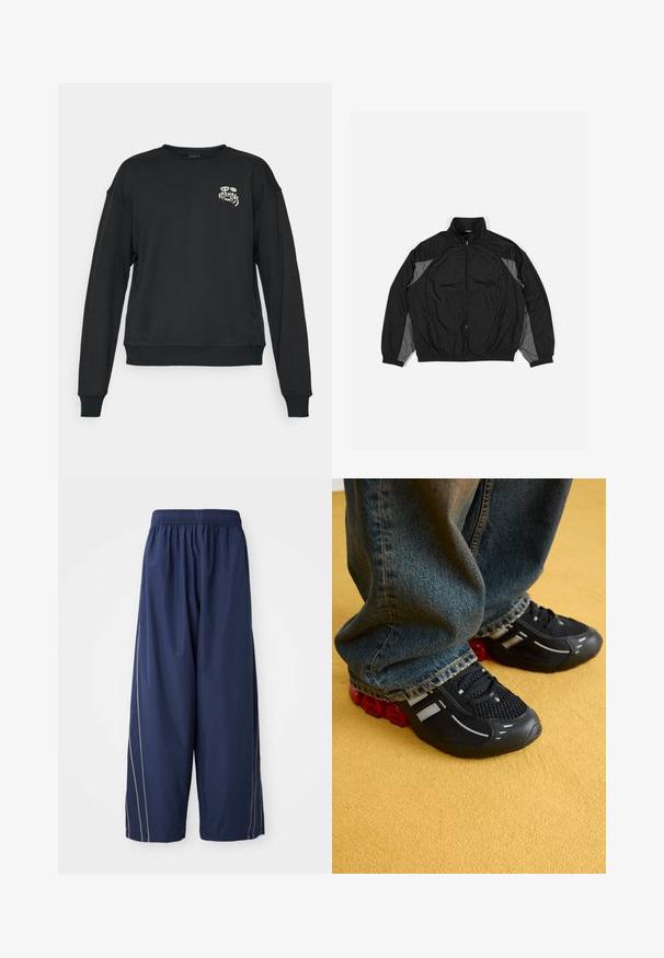 Chaqueta cortavientos negra con acentos grises, que presenta un cierre con cremallera en el frente, cintura elástica y un panel texturizado con un patrón en cuadrícula en la parte frontal.; Sudadera negra de manga larga tipo crewneck con pequeño texto gráfico blanco "KARMA 93" y ojos en el lado izquierdo del pecho, con puños y dobladillo acanalados.; Pantalones sueltos azul marino con cintura elástica y franjas laterales en un tono más claro. Hechos de un material suave y ligero.; Zapatillas deportivas negras con parte superior de malla, acentos brillantes y amortiguación roja en la suela, combinadas con unos vaqueros de mezclilla azul.