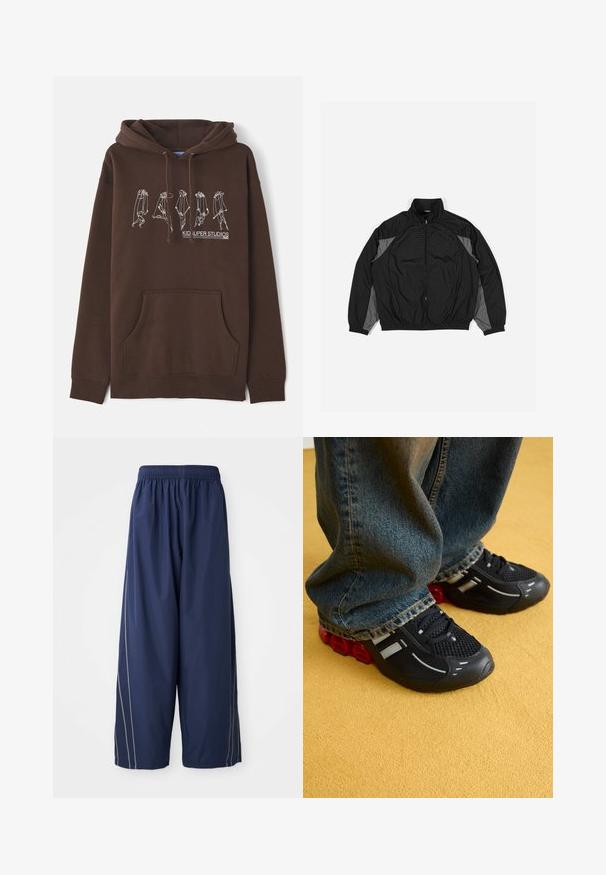 Giacca a vento nera con accenti grigi, dotata di chiusura con zip frontale, vita elasticizzata e pannello testurizzato con motivo a griglia sul davanti.; Felpa marrone con cappuccio regolabile, tasca frontale e design in linea bianca che rappresenta figure. Presenta il logo "KID SUPER STUDIOS".; Pantaloni blu navy, larghi e comodi, con una fascia elastica in vita e strisce laterali di una tonalità più chiara. Realizzati in materiale leggero e liscio.; Scarpe sportive nere con parte superiore in mesh, dettagli lucidi e imbottitura rossa nella suola, abbinate a jeans in denim blu.