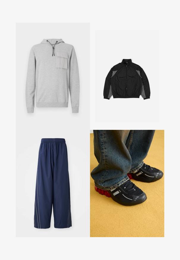Giacca a vento nera con accenti grigi, dotata di chiusura con zip frontale, vita elasticizzata e pannello testurizzato con motivo a griglia sul davanti.; Felpa grigia in un materiale morbido, con tasca frontale a marsupio, cappuccio con cordino e polsini e fondo a coste. Design semplice e funzionale.; Pantaloni blu navy, larghi e comodi, con una fascia elastica in vita e strisce laterali di una tonalità più chiara. Realizzati in materiale leggero e liscio.; Scarpe sportive nere con parte superiore in mesh, dettagli lucidi e imbottitura rossa nella suola, abbinate a jeans in denim blu.