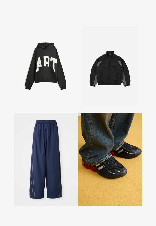 Črna vetrovka s sivimi detajli, z zadrgo spredaj, elastičnim pasom in teksturirano ploščo z mrežastim vzorcem na sprednji strani.; Črna kapuca s belim napisom "ART". Ima sprednji žep, dolge rokave in kapuco. Narejena je iz mehkega materiala z ohlapnim krojem.; Temnomodre široke hlače z elastičnim pasom in stranskimi črtami v svetlejši odtenek. Narejene iz gladkega, lahkega materiala.; Črne športne čevlje z mrežasto zgornjim delom, sijočimi poudarki in rdečo oblazinjenjem na podplatu, v kombinaciji z modrimi jeans hlačami.