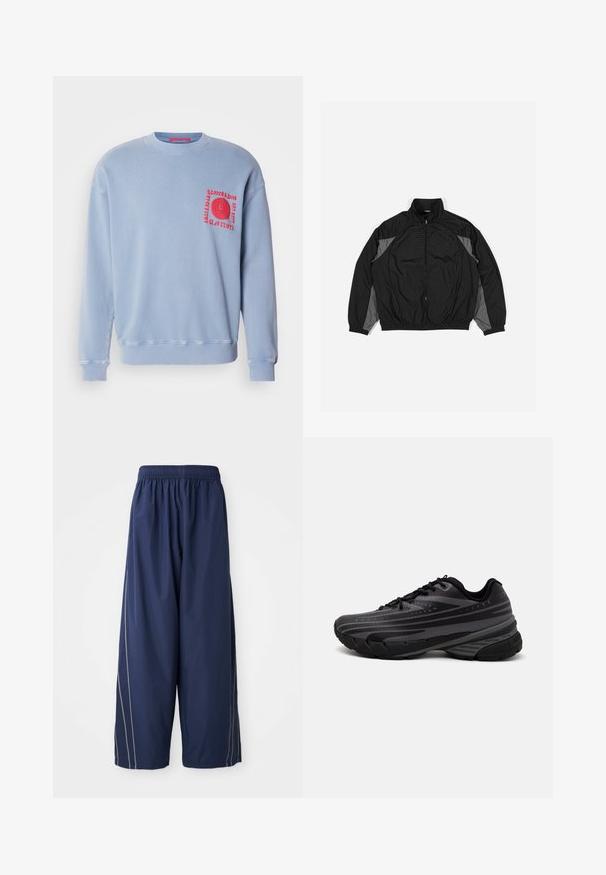 Čierna vetrovka s šedými akcentmi, so zipsom vpredu, elastickým pásom a textúrovanou panelom s mriežkovým vzorom v prednej časti.; Svetlo modrá mikina s dlhými rukávmi, okrúhlym výstrihom a rebrovanými manžetami. Na oblasti vrecka na hrudi sa nachádza červená vyšívaná grafika.; Námorníckomodré voľné nohavice s elastickým pásom a bočnými pruhmi v svetlejšom odtieni. Vyrobené z hladkého, ľahkého materiálu.; Čierna bežecká obuv s textúrovaným zvrškom, ktorý má šedé pruhy. Hrubá podrážka pre odpruženie, okrúly špička a ploché šnúrky na bezpečné uchytenie.