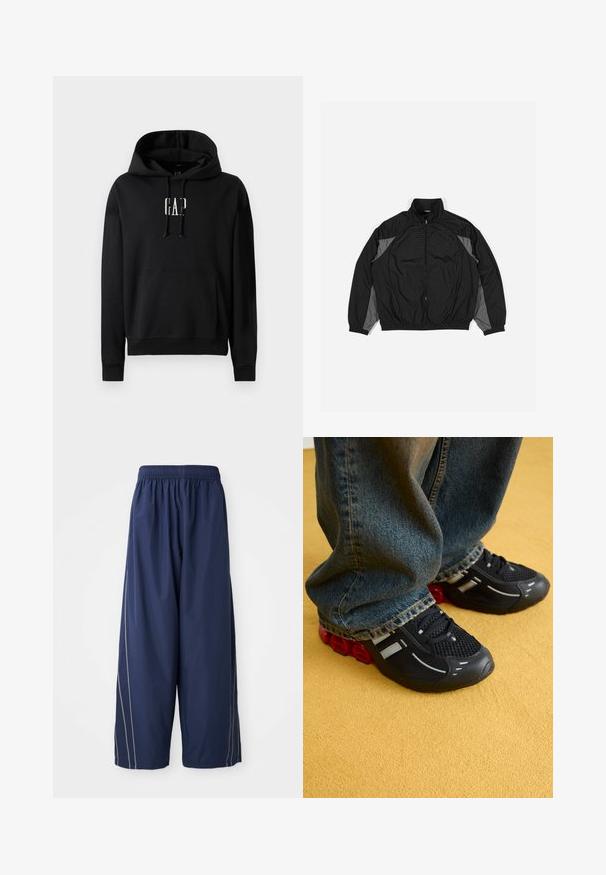 Zwarte windbreaker jas met grijze accenten, voorzien van een rits aan de voorkant, elastische taille en een textuurpaneel met een rasterpatroon aan de voorkant.; Zwarte hoodie gemaakt van fleece materiaal, met een voorzak, geribbelde mouwen en een wit "GAP" logo op de borst.; Marineblauwe, comfortabele broek met een elastische tailleband en zijkanten in een lichtere tint. Gemaakt van glad, lichtgewicht materiaal.; Zwarte sport schoenen met een mesh bovenkant, glanzende accenten en rode demping bij de zool, gecombineerd met blauwe spijkerbroeken.