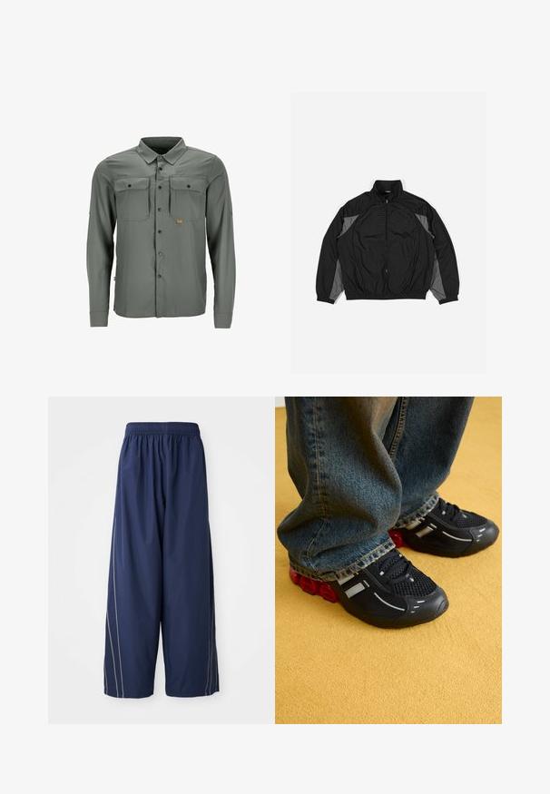 Schwarze Windjacke mit grauen Akzenten, ausgestattet mit einem Reißverschluss vorne, elastischem Bund und einer strukturierten Vorderseite mit einem Rautenmuster.; Langärmliges Hemd mit Knöpfen aus grauem Stoff, ausgestattet mit zwei Brusttaschen und einem kleinen Logopatch. Es hat einen klassischen Kragen und ein strukturiertes Muster.; Marineblaue, lässige Hosen mit einem elastischen Bund und seitlichen Streifen in einem helleren Farbton. Aus glattem, leichtem Material gefertigt.; Schwarze Sportschuhe mit einem Mesh-Obermaterial, glänzenden Akzenten und roter Dämpfung an der Sohle, kombiniert mit blauen Jeans.