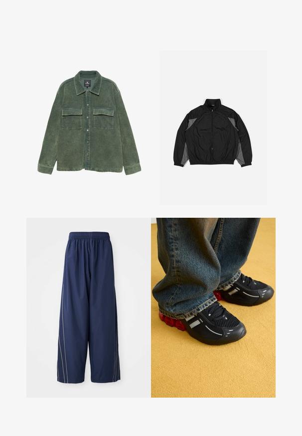 Črna vetrovka s sivimi detajli, z zadrgo spredaj, elastičnim pasom in teksturirano ploščo z mrežastim vzorcem na sprednji strani.; Zeleni kord majica jakna s ovratnikom, prednjim gumbom i dva džepa na grudima. Cjelovit rebrasti uzorak.; Temnomodre široke hlače z elastičnim pasom in stranskimi črtami v svetlejši odtenek. Narejene iz gladkega, lahkega materiala.; Črne športne čevlje z mrežasto zgornjim delom, sijočimi poudarki in rdečo oblazinjenjem na podplatu, v kombinaciji z modrimi jeans hlačami.