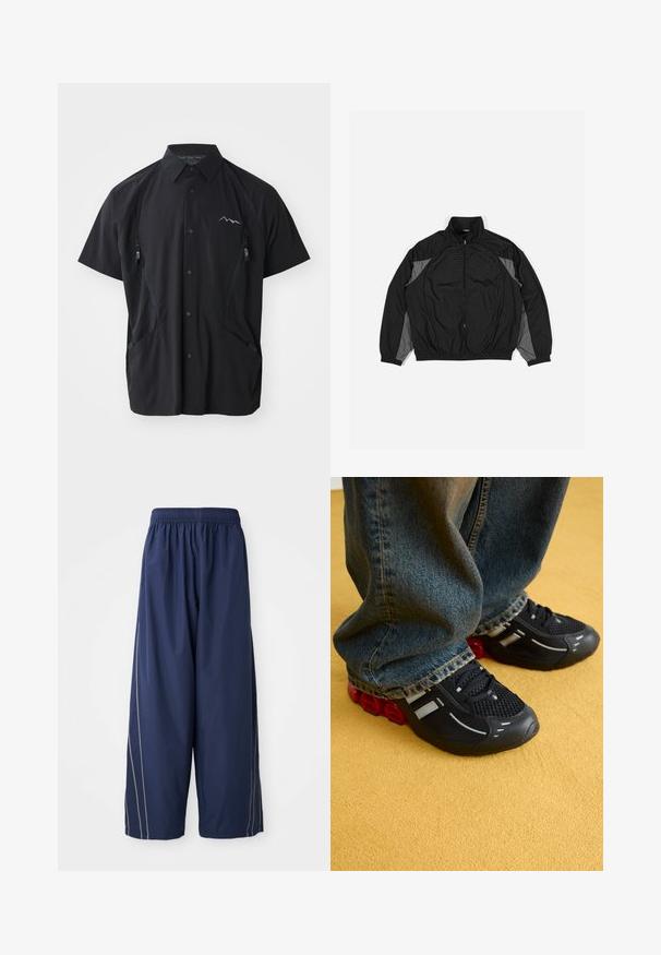 Černá větrovka s šedými akcenty, se zipem vpředu, elastickým pasem a texturovanou panelem s mřížkovým vzorem na přední straně.; Černé tričko s krátkým rukávem z lehkého materiálu, s límečkem, dvěma kapsami na zip na hrudi a horským logem na levé straně.; Námořnické modré, volné kalhoty s elastickým pasem a bočními pruhy ve světlejším odstínu. Vyrobené z hladkého, lehkého materiálu.; Černé sportovní boty s síťovinovým svrškem, lesklými akcenty a červeným polstrováním na podrážce, kombinované s modrými džínami.