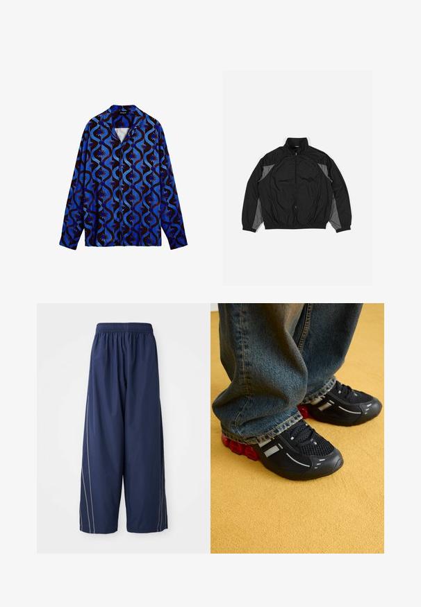 Chaqueta cortavientos negra con acentos grises, que presenta un cierre con cremallera en el frente, cintura elástica y un panel texturizado con un patrón en cuadrícula en la parte frontal.; Camisa de patrón azul y marrón con cuello, que presenta diseños ondulados y acentos florales. Mangas largas y cierre de botones.; Pantalones sueltos azul marino con cintura elástica y franjas laterales en un tono más claro. Hechos de un material suave y ligero.; Zapatillas deportivas negras con parte superior de malla, acentos brillantes y amortiguación roja en la suela, combinadas con unos vaqueros de mezclilla azul.