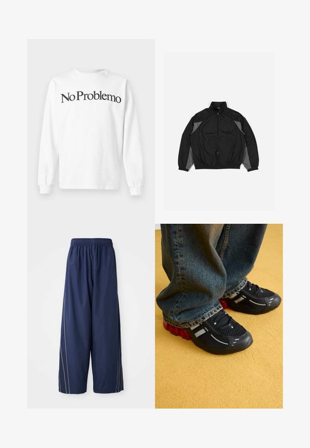 Black windbreaker jacket with gray accents, featuring a zip front, elastic waist, and textured panel with a grid pattern on the front.; White long-sleeve t-shirt made of cotton with black text "No Problemo" printed across the chest. Simple design with crew neck and ribbed cuffs.; Navy blue, loose-fitting pants with an elastic waistband and side stripes in a lighter shade. Made of smooth, lightweight material.; Black athletic shoes with a mesh upper, glossy accents, and red cushioning at the sole, paired with blue denim jeans.