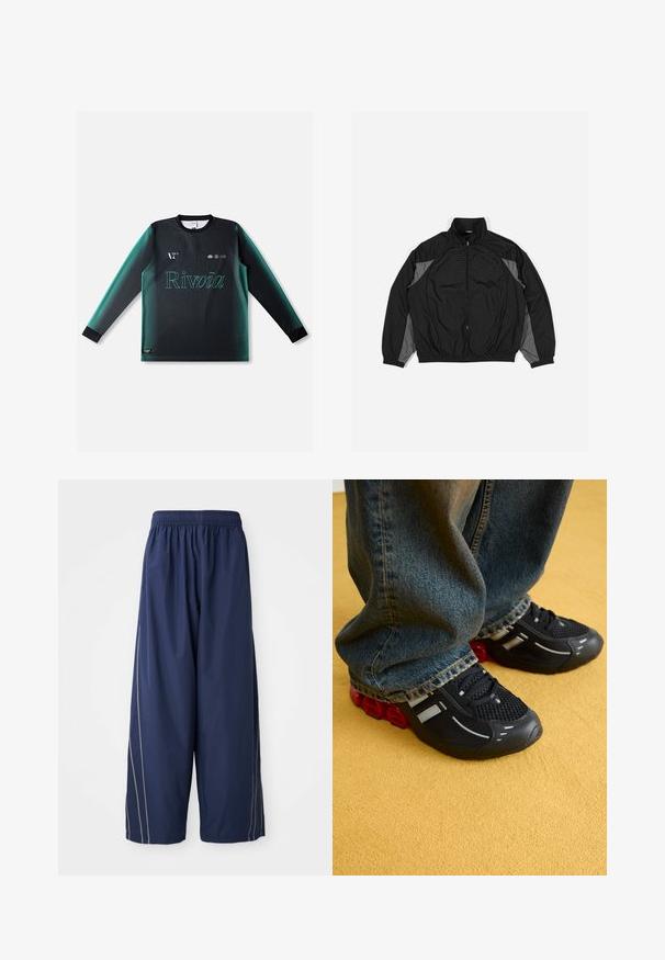 Schwarze Windjacke mit grauen Akzenten, ausgestattet mit einem Reißverschluss vorne, elastischem Bund und einer strukturierten Vorderseite mit einem Rautenmuster.; Langärmeliges Trikot in einem Verlauf von Schwarz zu Teal mit Rundhalsausschnitt, strukturiertem Stoff und dem "Rivvia"-Logo in Hellgrün auf der Vorderseite.; Marineblaue, lässige Hosen mit einem elastischen Bund und seitlichen Streifen in einem helleren Farbton. Aus glattem, leichtem Material gefertigt.; Schwarze Sportschuhe mit einem Mesh-Obermaterial, glänzenden Akzenten und roter Dämpfung an der Sohle, kombiniert mit blauen Jeans.