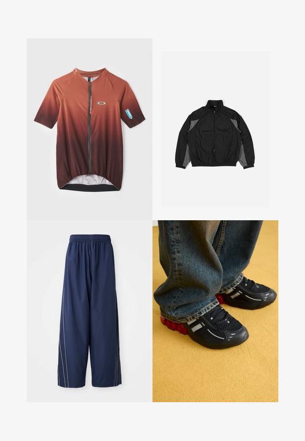 Černá větrovka s šedými akcenty, se zipem vpředu, elastickým pasem a texturovanou panelem s mřížkovým vzorem na přední straně.; Cyklistický dres s krátkým rukávem v gradientní hnědé barvě se svislými pruhy, předním zipem a síťovinovou podšívkou. Obsahuje logo a elastický lem.; Námořnické modré, volné kalhoty s elastickým pasem a bočními pruhy ve světlejším odstínu. Vyrobené z hladkého, lehkého materiálu.; Černé sportovní boty s síťovinovým svrškem, lesklými akcenty a červeným polstrováním na podrážce, kombinované s modrými džínami.