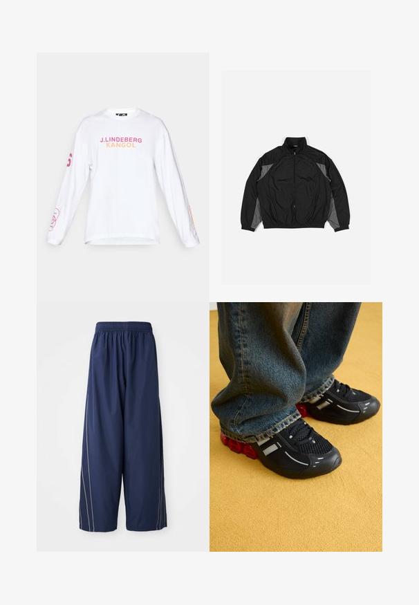 Jachetă neagră cu glugă, cu accente gri, având fermoar frontal, talie elastică și panou texturat cu un model în grilă pe partea din față.; Cămașă albă cu mâneci lungi, având textul "J. LINDEBERG KANGOL" în roz și portocaliu. Mâna stângă prezintă un detaliu grafic roz. Material din bumbac.; Pantaloni negru-albastru, ușor largi, cu un tiv elastic și dungi laterale într-o nuanță mai deschisă. Realizați dintr-un material neted și ușor.; Pantofi sport negri cu un sistem de prindere din plasă, accente lucioase și amortizare roșie la talpă, asortați cu blugi din denim albastru.