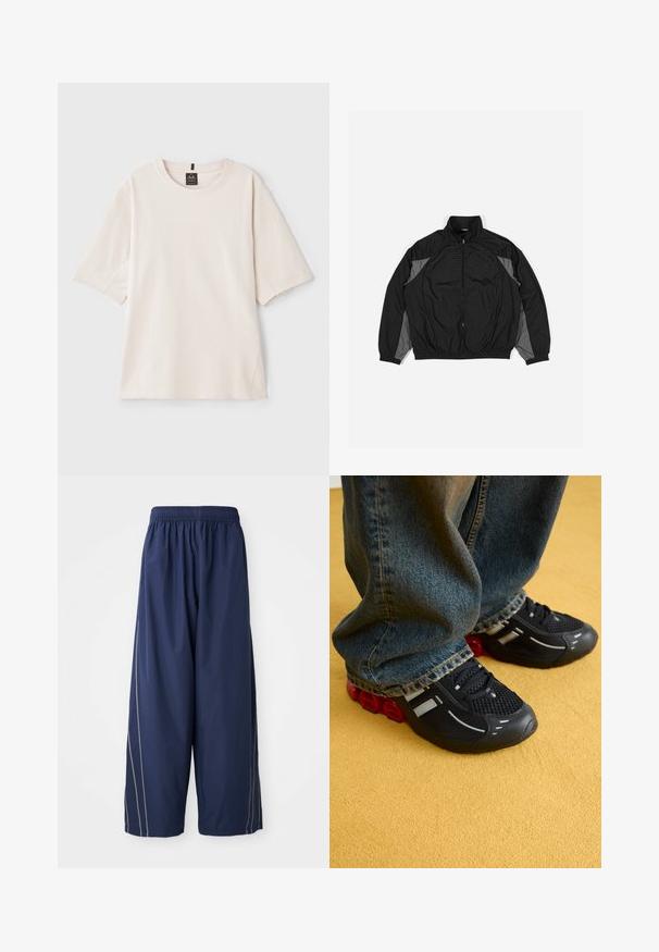 Sort vindtæt jakke med grå detaljer, der har lynlåslukning foran, elastisk talje og tekstureret panel med rutenetmønster foran.; Lys beige t-shirt lavet af blød bomuld. Har en rund hals, korte ærmer og en afslappet pasform med forkantede side sømme.; Marineblå, løstsiddende bukser med elastisk talje og sidelister i en lysere farve. Fremstillet af glat, let materiale.; Sorte sportssko med en mesh-overdel, blanke detaljer og rød polstring i sålen, parret med blå denimjeans.