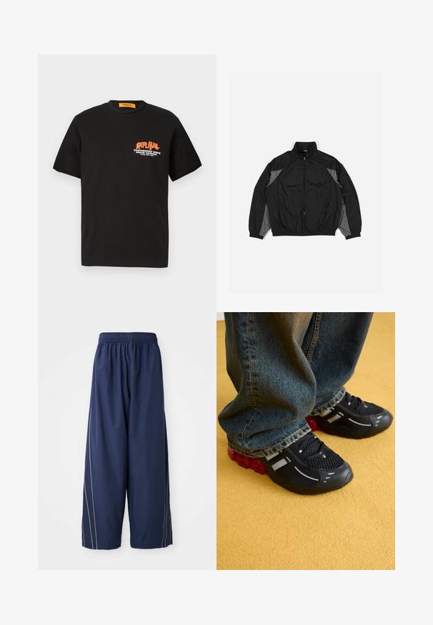 Must musternakk mustri ja hallide aktsentidega must windbreaker jope, millel on tõmblukuga esitasku, elastne vöökoht ja tekstuuriga paneel esiosas ruudustiku mustriga.; Mustfuura musta t-särk lühikeste varrukatega, mille esipinnal on oranž ja valge graafiline teksti disain. Ümardatud kaelus, vabalt voolav lõige.; Mere sinine, vabalt langevad püksid elastse vöökoha ja külgsiribadega heledamas toonis. Valmistatud siledast, kergest materjalist.; Mustad mustes spordijalatsid, millel on võrgust pealmine osa, läikivad aktsendid ja punane pehmenemine tallas, koos siniste teksadega.