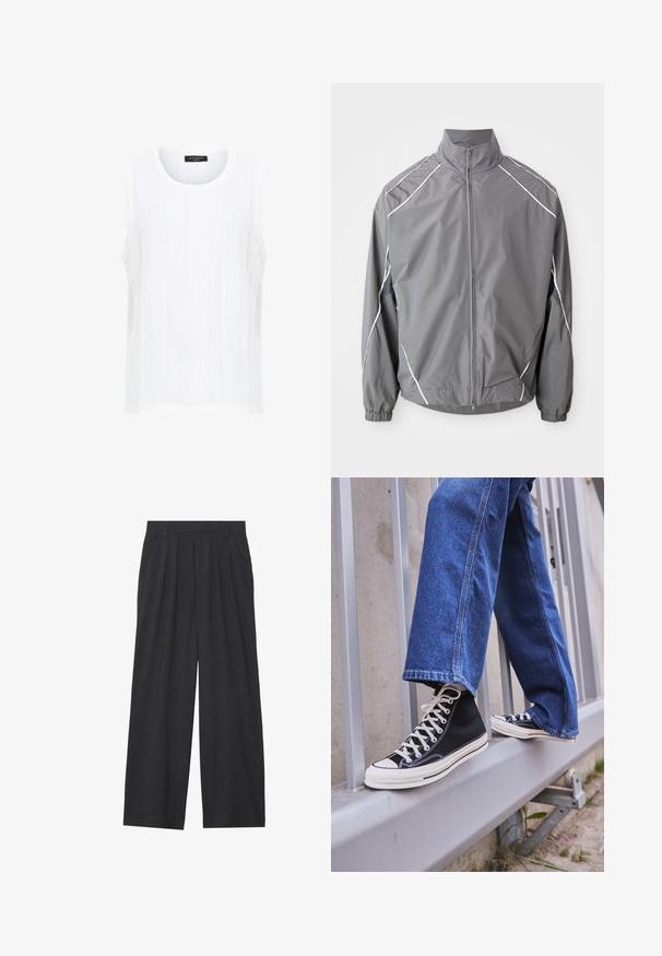 Grå vindtett jakke med høy krage, glidelås foran og elastiske mansjetter. Har hvite detaljer langs skuldrene og mesh-paneler.; Hvit ermeløs topp laget av teksturert stoff med vertikal ribbing og rund utringning. Enkelt design uten utsmykninger eller mønstre.; Vide benbukser laget av mørkegrått stoff. Har legg i midjen, en skreddersydd design, og en rett silhuett.; Svarte høy-hælte joggesko med hvit såle og snøring, paired med løse blå denim-jeans, hvilende på et grått rekkverk.