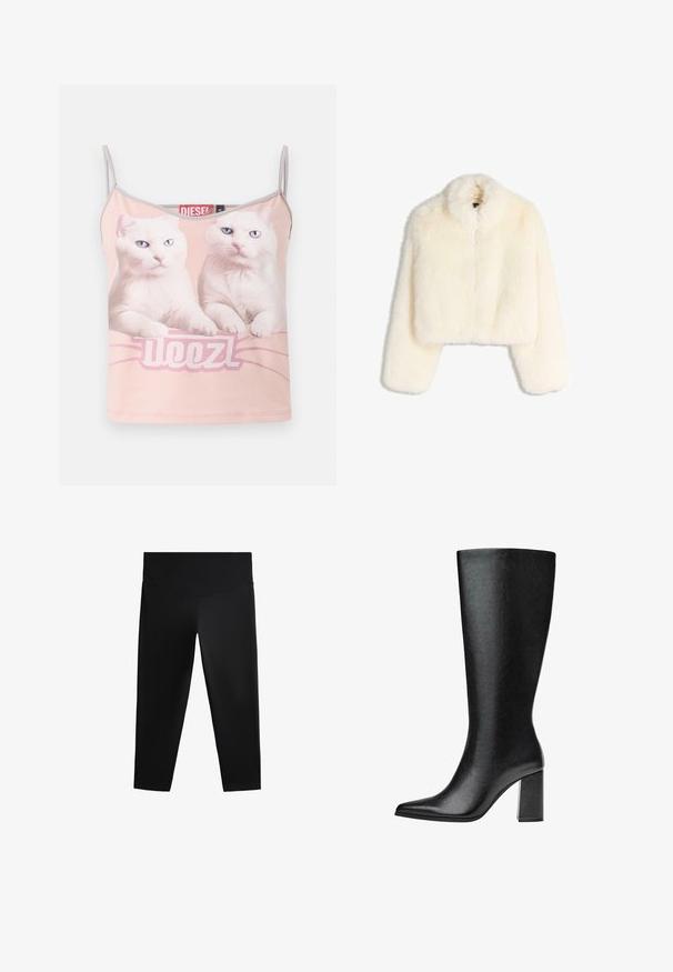 Klibbad vit fuskpälsjacka med krage, långa ärmar och dragkedja framtill. Mjuk, strukturerad tyg med en fluffig yta.; Rosa spaghetti-top med två vita katter som har blå ögon och ordet "WOOZL" under dem på framsidan.; Svarta sportleggings med hög midja, slät tyg och en åtsittande siluett, utformade för rörelsefrihet och komfort.; Svart knähög stövel i faux läder med spetsig tå, slät yta och kraftig blockklack. Minimalistisk design utan synliga detaljer.