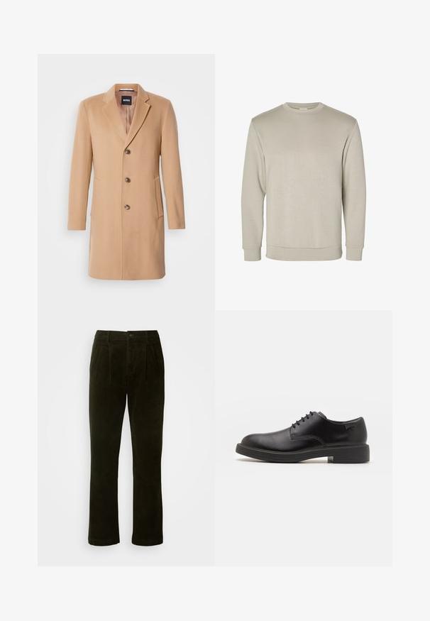 Camel wool-blend coat with a notched lapel, single-breasted closure, three brown buttons, two side pockets, and smooth texture.; Beige long-sleeve crewneck sweatshirt, made from soft material, featuring ribbed cuffs and hem, with a smooth texture and minimalistic design.; Dark green corduroy trousers with a straight leg, featuring front pleats, a button closure, and a soft textured finish.; Black leather lace-up shoe with a rounded toe, smooth texture, minimal stitching, and a low rubber heel. Logo on the heel.