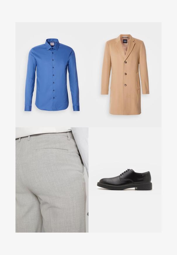 Kamelio vilnos tekstūros paltas su įpjovimu, vieno mygtuko užsegimu, trimis rudos spalvos mygtukais, dviem šoninėmis kišenėmis ir lygia tekstūra.; Juodas aukšto kaklo megztinis, pagamintas iš minkštos medžiagos, su ilgomis rankovėmis ir prigludusia forma. Su raukiniais apačioje ir rankogaliuose. Paprastas dizainas.; Mėlynas ilgomis rankovėmis mygtukų marškiniai, pagaminti iš tekstūruoto audinio, su smailiu apykaklė ir tamsiais mygtukais priekyje. Mažas logotipas ant krūtinės.; Šviesiai pilkos spalvos pritaikytos kelnės iš faktūrinės medžiagos, turinčios vieną užpakalinę kišenę ir tvarkingus siūlus.; Juodas odinis batų modelis su raišteliais, apvaliu nosiu, lygiu paviršiumi, minimaliai siuvinėjimu ir žemu guminėmis pakulne. Ant pakulnės šalia logo.