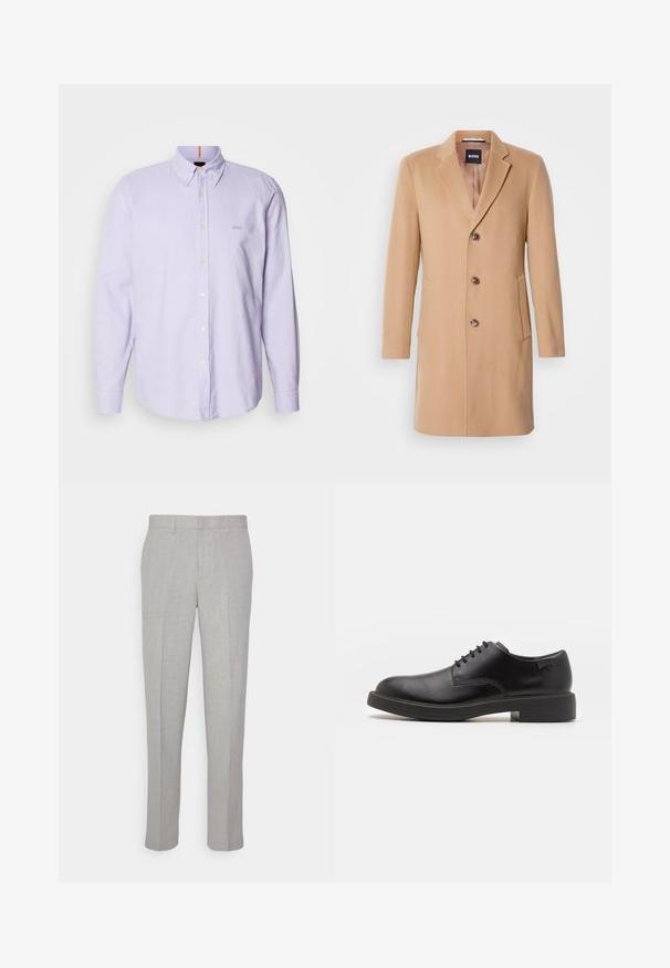 Kamelio vilnos tekstūros paltas su įpjovimu, vieno mygtuko užsegimu, trimis rudos spalvos mygtukais, dviem šoninėmis kišenėmis ir lygia tekstūra.; Juodas aukšto kaklo megztinis, pagamintas iš minkštos medžiagos, su ilgomis rankovėmis ir prigludusia forma. Su raukiniais apačioje ir rankogaliuose. Paprastas dizainas.; Šviesiai violetinė marškinė su ilgomis rankovėmis, apykakle ir subtiliu prekės ženklu ant krūtinės, pasižyminti lygiu paviršiumi ir baltais mygtukais.; Šviesiai pilki kelnės su lygiu paviršiumi, plokščiu priekiu ir tiesiomis kojomis. Pagamintos iš kvėpuojančios medžiagos, su vidinėmis kišenėmis ir diržo kilpomis.; Juodas odinis batų modelis su raišteliais, apvaliu nosiu, lygiu paviršiumi, minimaliai siuvinėjimu ir žemu guminėmis pakulne. Ant pakulnės šalia logo.
