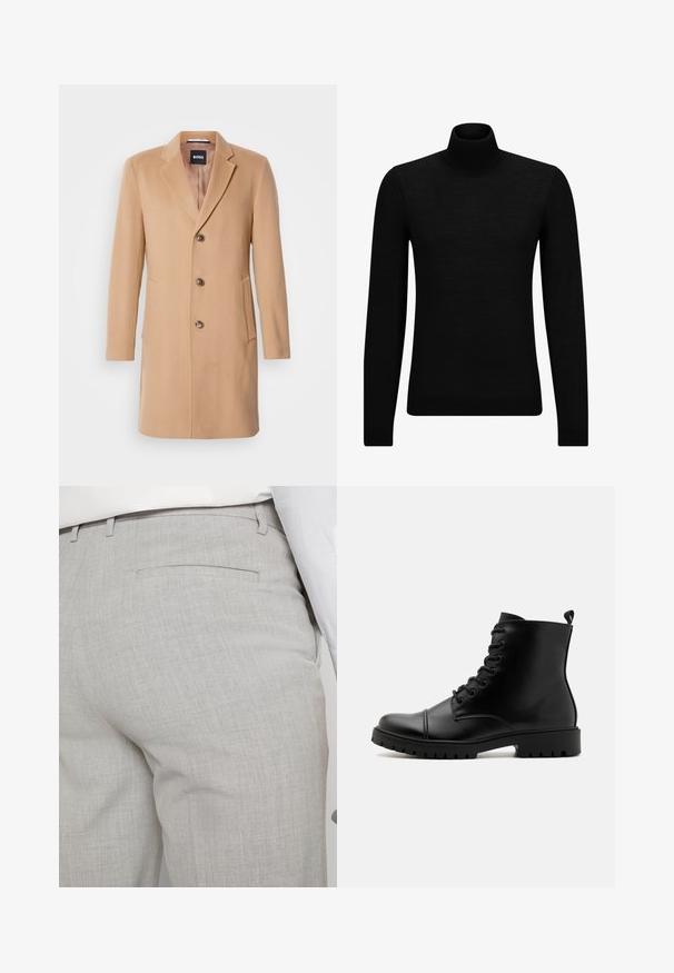 Camel wollen blend jas met een notch-lapel, een enkele sluiting, drie bruine knopen, twee zijzakken en een soepele textuur.; Zwarte coltrui van zacht materiaal, met lange mouwen en een snug fit. Geribbelde afwerking aan de onderkant en mouwen. Eenvoudig ontwerp.; Lichtgrijze, op maat gemaakte broek van gestructureerde stof, met een enkele achterzak en nette stiksels.; Zwarte leren veterschoenen tot de enkel met een gladde afwerking, ronde neus en een stevige rubberen zool met diepe profiel. Trekflap aan de achterkant.