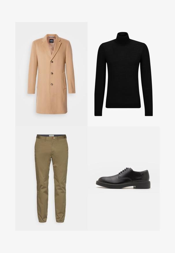 Camel wool-blend coat with a notched lapel, single-breasted closure, three brown buttons, two side pockets, and smooth texture.; Black turtleneck sweater made of soft material, featuring long sleeves and a snug fit. Ribbed trim at the hem and cuffs. Simple design.; Khaki chinos made from cotton blend, slim fit design with a smooth texture, featuring a brown button and woven waistband detail.; Black leather lace-up shoe with a rounded toe, smooth texture, minimal stitching, and a low rubber heel. Logo on the heel.
