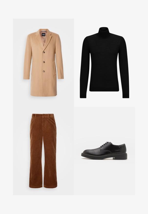 Camel wollen blend jas met een notch-lapel, een enkele sluiting, drie bruine knopen, twee zijzakken en een soepele textuur.; Zwarte coltrui van zacht materiaal, met lange mouwen en een snug fit. Geribbelde afwerking aan de onderkant en mouwen. Eenvoudig ontwerp.; Bruine corduroy broek met een wijde pijpdesign, gekenmerkt door een verticale ribbelstructuur, een knoopsluiting en standaard riemlussen.; Zwarte leren veterschoen met een ronde neus, een gladde textuur, minimale stiksels en een lage rubberen hak. Logo op de hak.