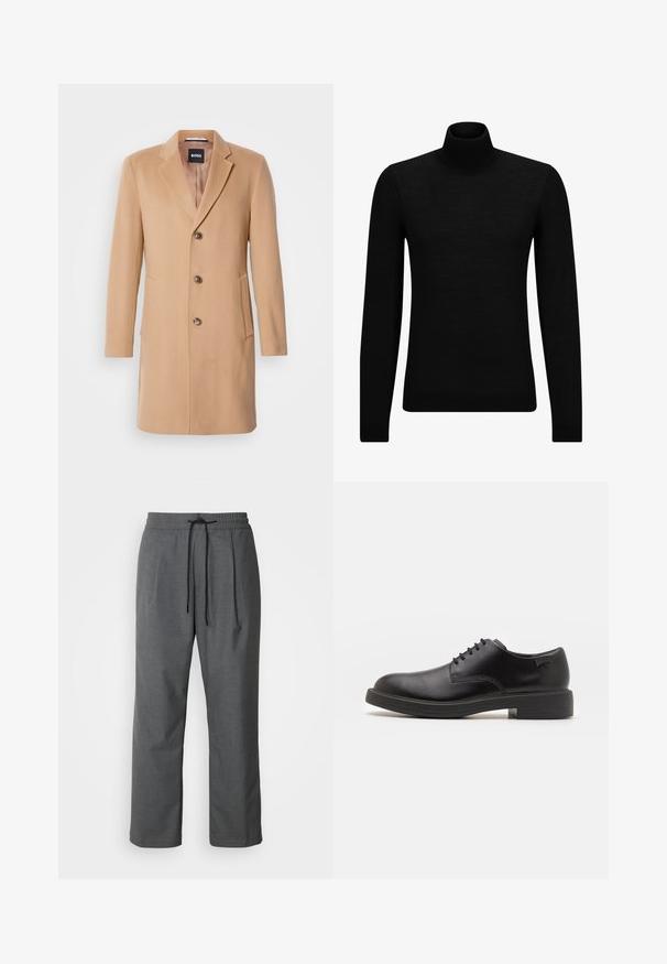 Kamieļa vilnas pārklājs ar izgrieztu atlokiem, viengabalainu aizdari, trim brūnām pogām, divām sānu kabatām un gludu tekstūru.; Melnā augstā kakla džemperis, kas izgatavots no mīksta materiāla, ar garām piedurknēm un pieguļušu piegriezumu. Ribota apdare ap apakšu un piedurknēm. Vienkāršs dizains.; Pelēki, austi auduma bikses ar elastīgu jostasvietu, ārēju auklu, sānu kabatām un brīvu piegriezumu. Minimālisma dizains ar tīrām līnijām.; Melna āda sašūta kurpe ar noapaļotu purngalu, gludu tekstūru, minimālu šuvju skaitu un zemu gumijas papēdi. Logo uz papēža.