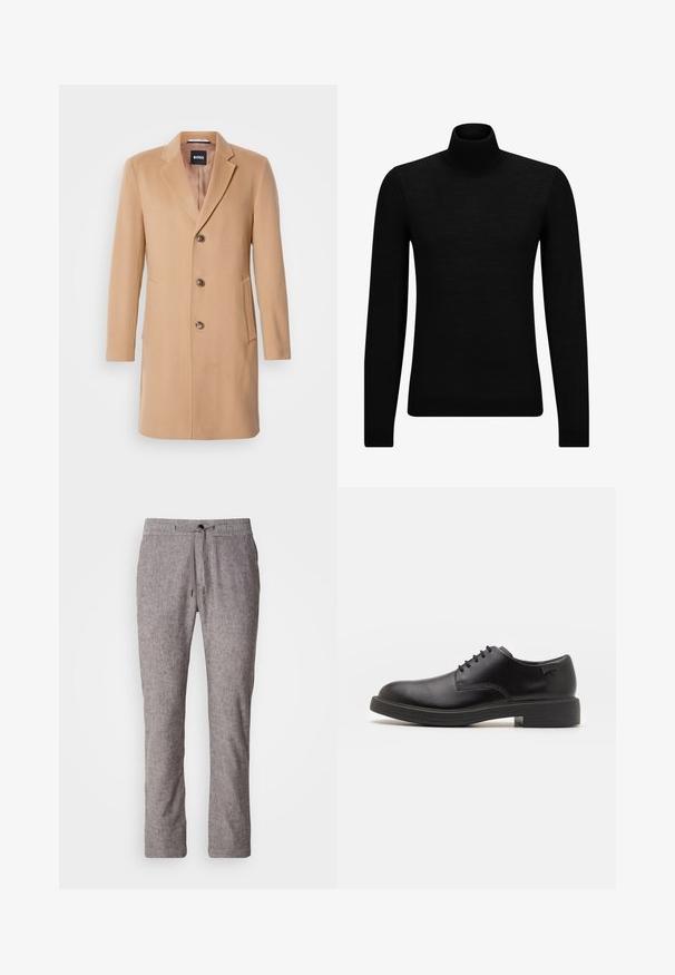 Casaco em mistura de lã camel com lapela destacada, fecho de botão único, três botões castanhos, dois bolsos laterais e textura suave.; Pulôver de gola alta preto, feito de material suave, com mangas longas e ajuste justo. Acabamento canelado na barra e punhos. Design simples.; Calças em mistura de linho cinza claro com um corte descontraído, cintura elástica e fecho com cordão. Apresenta uma textura subtile e um design de perna reta.; Sapatilha preta em couro, com atilhos, ponta arredondada, textura suave, costura mínima e um salto baixo em borracha. Logotipo no calcanhar.