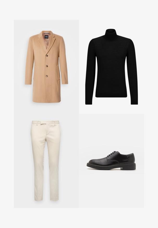 Palton din lână de cămilă, amestecat, cu rever ascuțit, închidere cu un singur rând de butoane, trei butoane maro, două buzunare laterale și textură netedă.; Pulover negru cu guler înalt, realizat dintr-un material moale, cu mâneci lungi și o croială ajustată. Tiv și mansete cu margine ondulată. Design simplu.; Pantaloni bej tailored dintr-un material neted. Design slim-fit cu față plată și buzunare laterale. Stil minimalist, fără embellishments.; Pantofii din piele neagră, cu șireturi, au vârful rotunjit, o textură netedă, cusături minime și un toc de cauciuc scăzut. Logo pe toc.