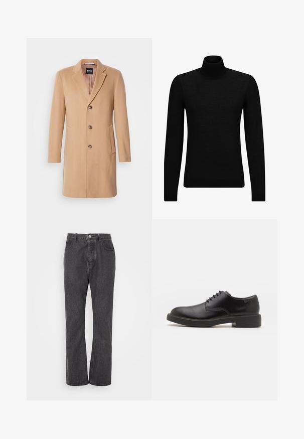 Palton din lână de cămilă, amestecat, cu rever ascuțit, închidere cu un singur rând de butoane, trei butoane maro, două buzunare laterale și textură netedă.; Pulover negru cu guler înalt, realizat dintr-un material moale, cu mâneci lungi și o croială ajustată. Tiv și mansete cu margine ondulată. Design simplu.; Jeans negre din denim cu un design drept, echipate cu închidere frontală cu buton, bucle pentru curea și estompare subtilă pentru textură.; Pantofii din piele neagră, cu șireturi, au vârful rotunjit, o textură netedă, cusături minime și un toc de cauciuc scăzut. Logo pe toc.