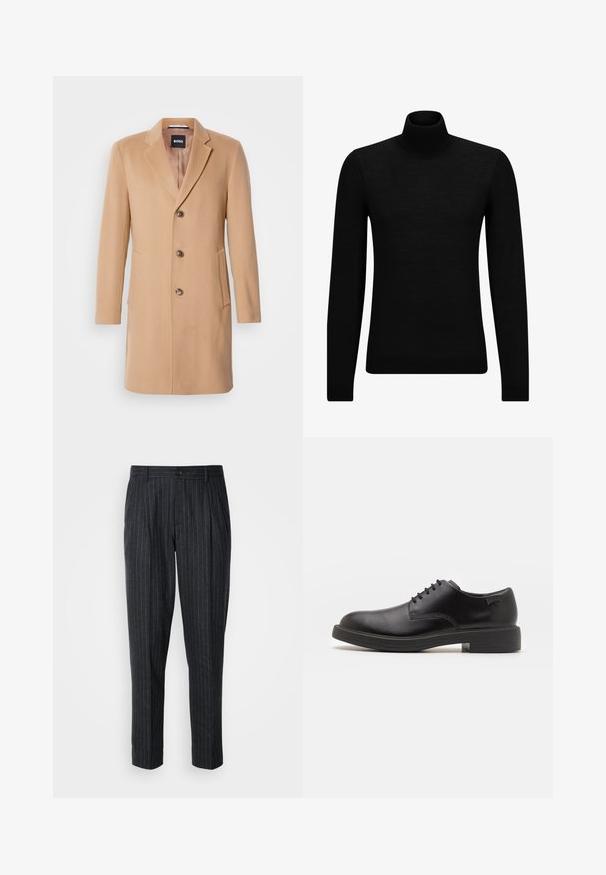 Płaszcz z mieszanki wełny w kolorze camel, z wklęsłym kołnierzem, jednoszeregowym zapięciem, trzema brązowymi guzikami, dwiema bocznymi kieszeniami i gładką fakturą.; Czarny sweter z golfem wykonany z miękkiego materiału, z długimi rękawami i dopasowanym krojem. Żebrowane wykończenie na dolnym brzegu i mankietach. Prosty design.; Spodnie w kolorze ciemnoszarym z cienkimi pionowymi paskami; cechują się zapięciem na guzik i plisowanym przodem.; Czarny skórzany but za kostkę z okrągłym noskiem, gładką fakturą, minimalnym przeszyciem i niskim gumowym obcasem. Logo na pięcie.