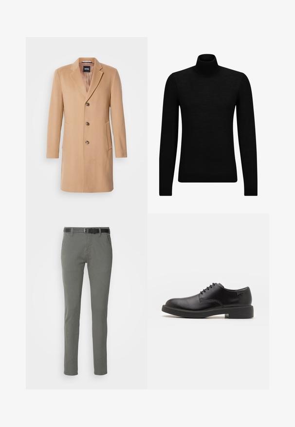 Kamieļa vilnas pārklājs ar izgrieztu atlokiem, viengabalainu aizdari, trim brūnām pogām, divām sānu kabatām un gludu tekstūru.; Melnā augstā kakla džemperis, kas izgatavots no mīksta materiāla, ar garām piedurknēm un pieguļušu piegriezumu. Ribota apdare ap apakšu un piedurknēm. Vienkāršs dizains.; Pelēki kokvilnas chinos bikses ar šauru piegriezumu, ar melnu jostu, divām sānu kabatām un vienkāršu dizainu. Mīksta tekstūra bez redzamām rakstām.; Melna āda sašūta kurpe ar noapaļotu purngalu, gludu tekstūru, minimālu šuvju skaitu un zemu gumijas papēdi. Logo uz papēža.