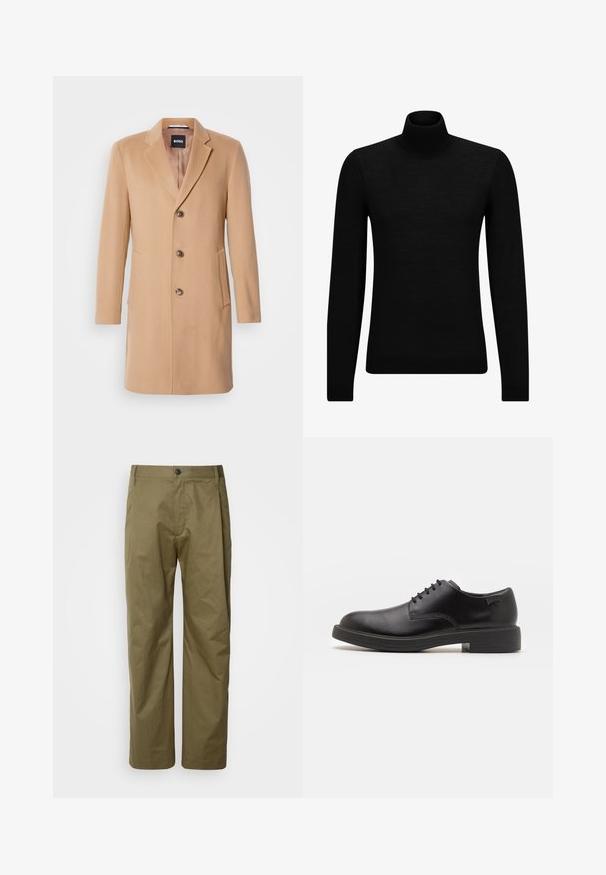 Płaszcz z mieszanki wełny w kolorze camel, z wklęsłym kołnierzem, jednoszeregowym zapięciem, trzema brązowymi guzikami, dwiema bocznymi kieszeniami i gładką fakturą.; Czarny sweter z golfem wykonany z miękkiego materiału, z długimi rękawami i dopasowanym krojem. Żebrowane wykończenie na dolnym brzegu i mankietach. Prosty design.; Oliwkowe, proste spodnie wykonane z lekkiej mieszanki bawełny. Posiadają zapięcie na guzik z przodu oraz standardowe kieszenie.; Czarny skórzany but za kostkę z okrągłym noskiem, gładką fakturą, minimalnym przeszyciem i niskim gumowym obcasem. Logo na pięcie.