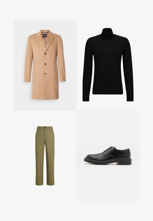 Plašč iz mešanice kamelje volne z oblačnim ovratnikom, enojnim zapiranjem, tremi rjavimi gumbi, dvema stranskima žepoma in gladko teksturo.; Črna turtleneck pulover iz mehkega materiala, z dolgimi rokavi in tesnim prileganjem. R ibana obroba na robu in rokavih. Preprosta zasnova.; Olivno zeleni hlače iz gladkega blaga, z ravnim krojem nogavic, enim gumbom za zapiranje in subtilno teksturo.; Črne usnjene čipkaste čevlje z zaobljenim nosom, gladko teksturo, minimalnim šitjem in nizkim gumijastim peto. Logo na peti.